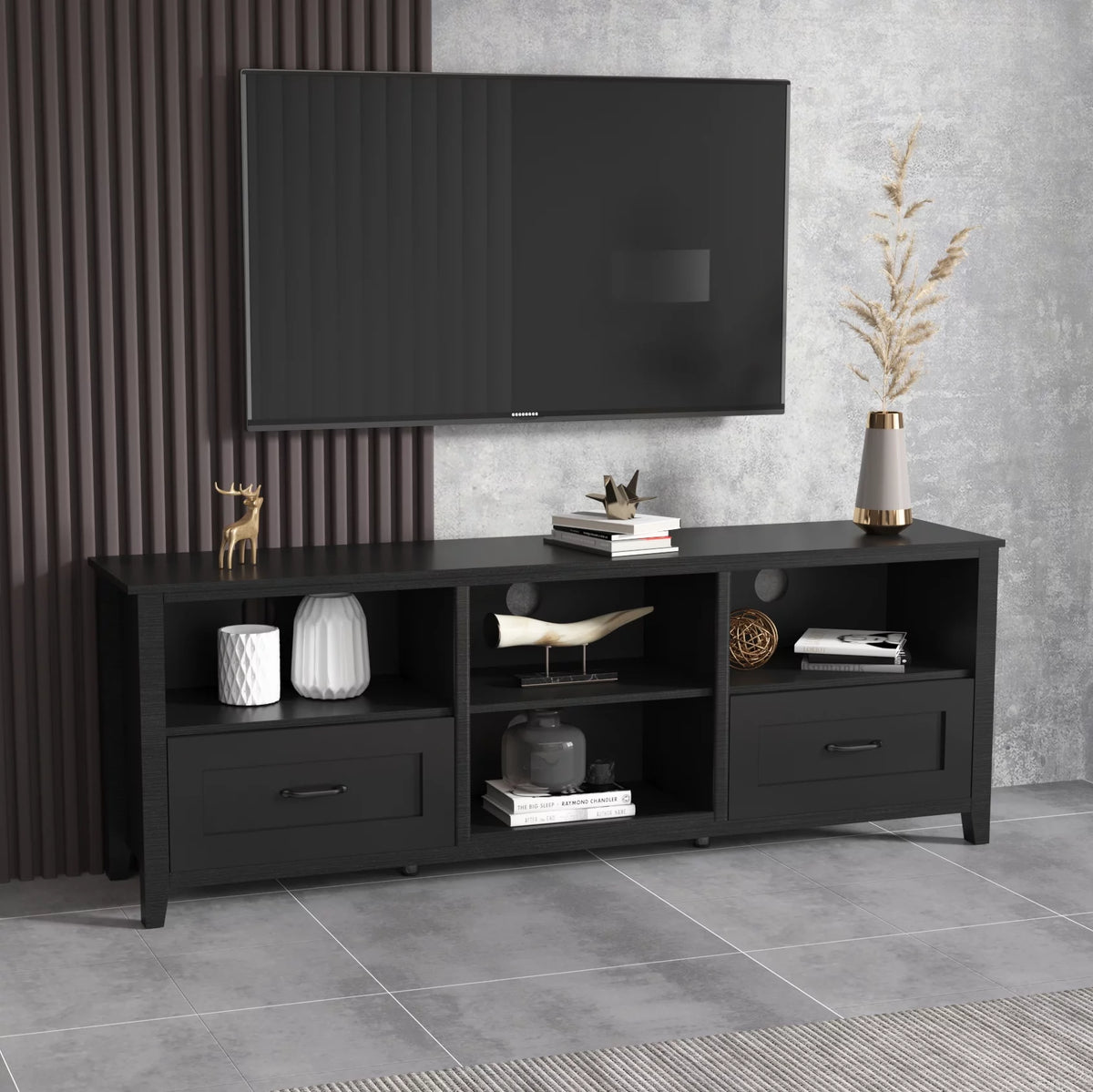 Black TV Stand with 2 Drawers and 4 Storage Compartments R48619