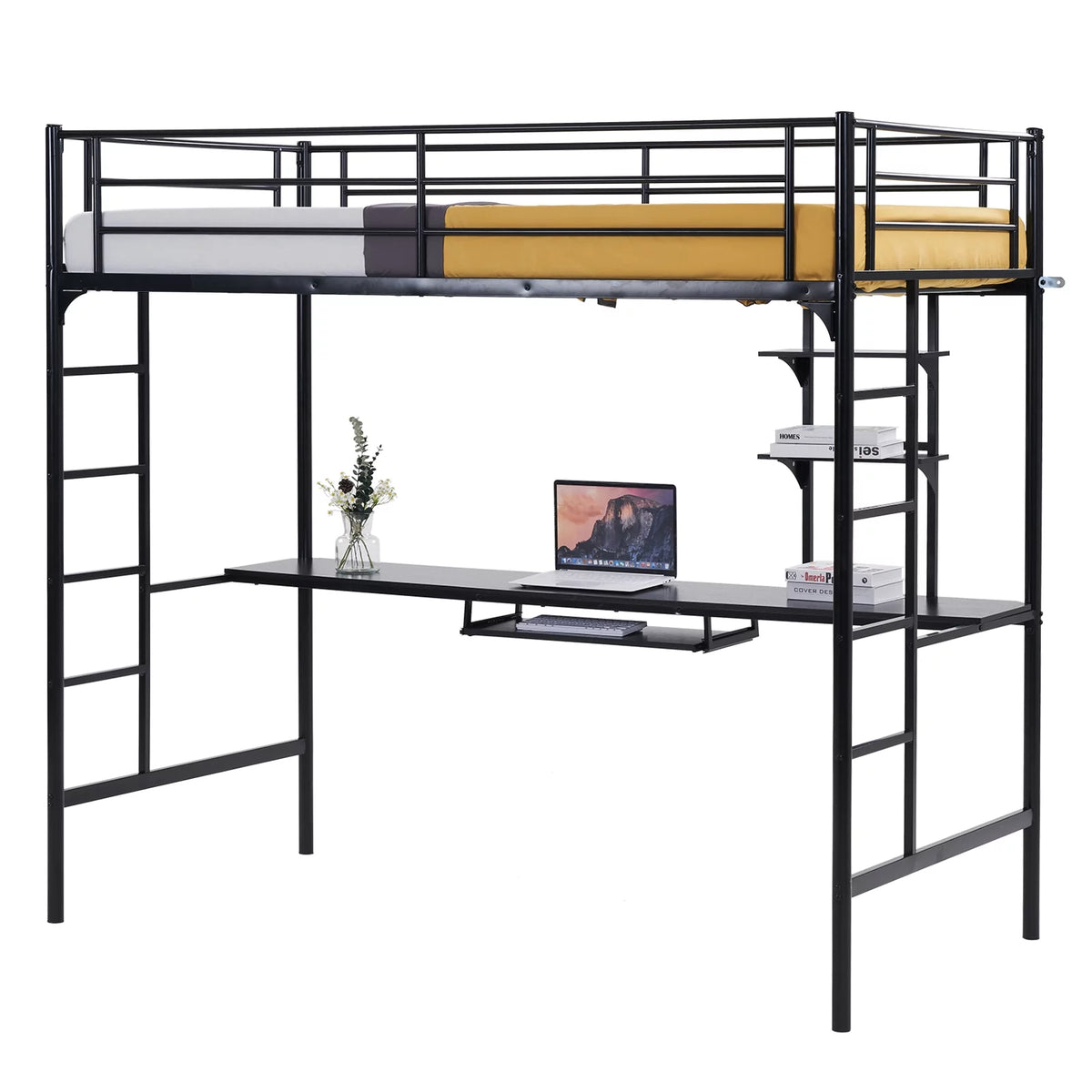 Black Metal Twin Loft Bed with Desk W492