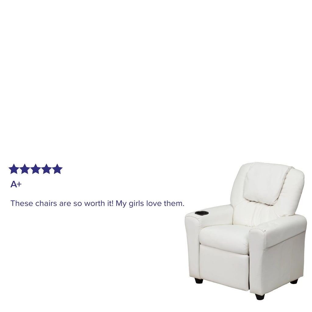 White Vinyl Kids Recliner with Cup Holder D584375