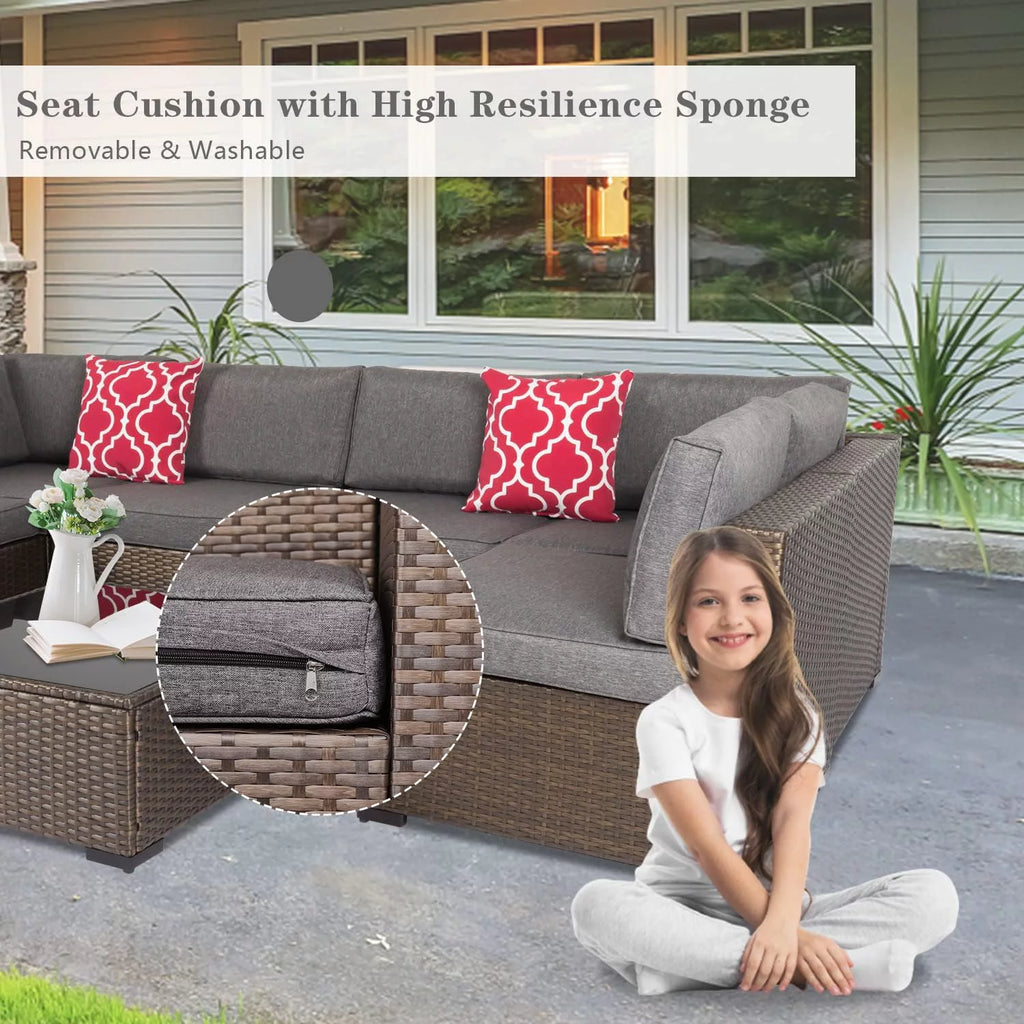7 Pcs Wicker Patio Furniture Set with Gray Cushions D95130