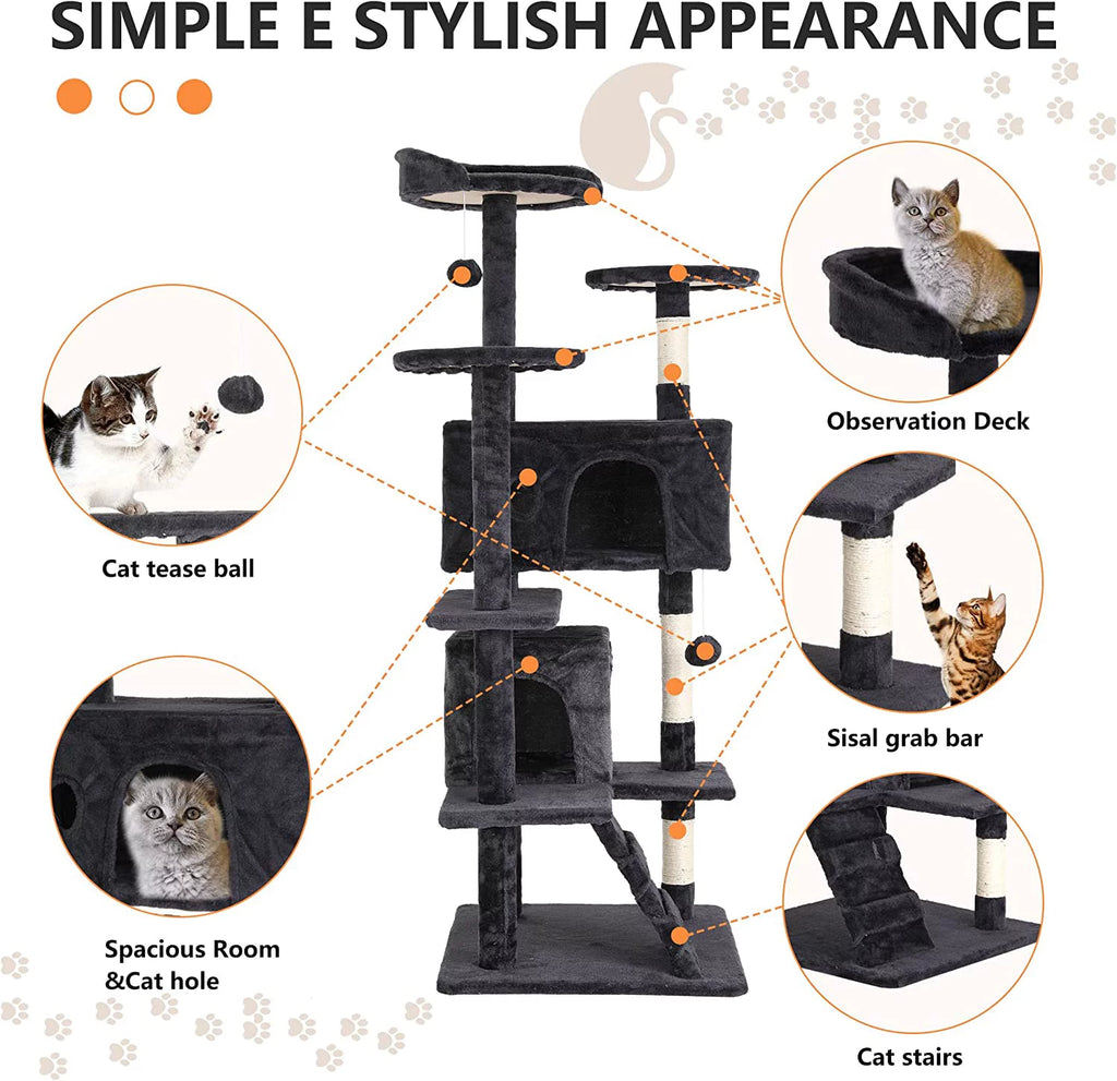 54in Dark Gray Cat Tree Tower with Scratching Posts B3597
