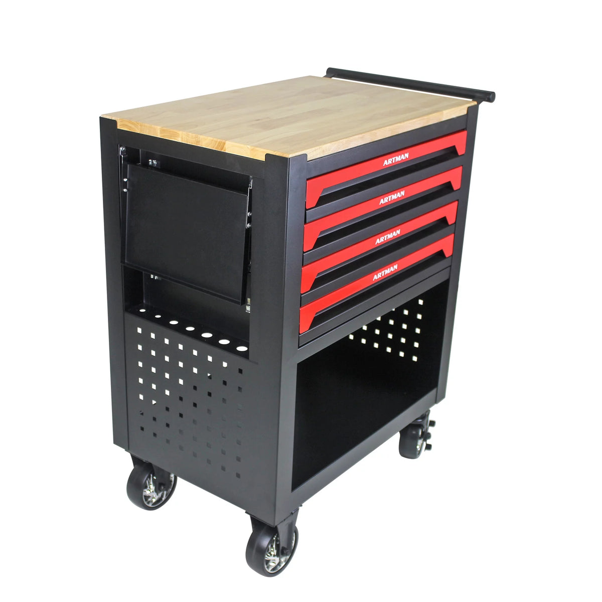 4-Tier Rolling Tool Cart with Cabinet and Wooden Top T3880