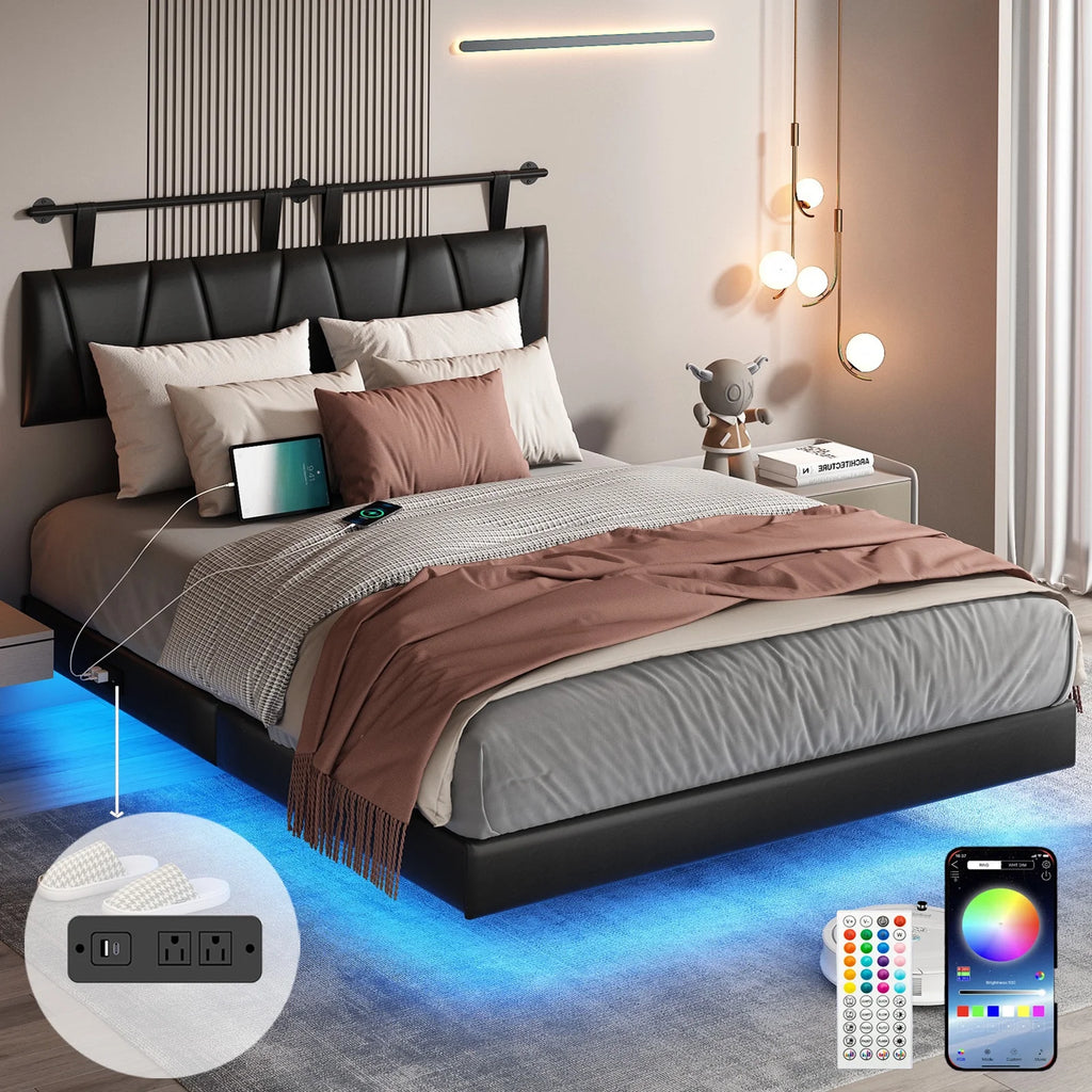 King Size Floating Upholstered Platform Bed with LED Light & Power Charging Station A5255