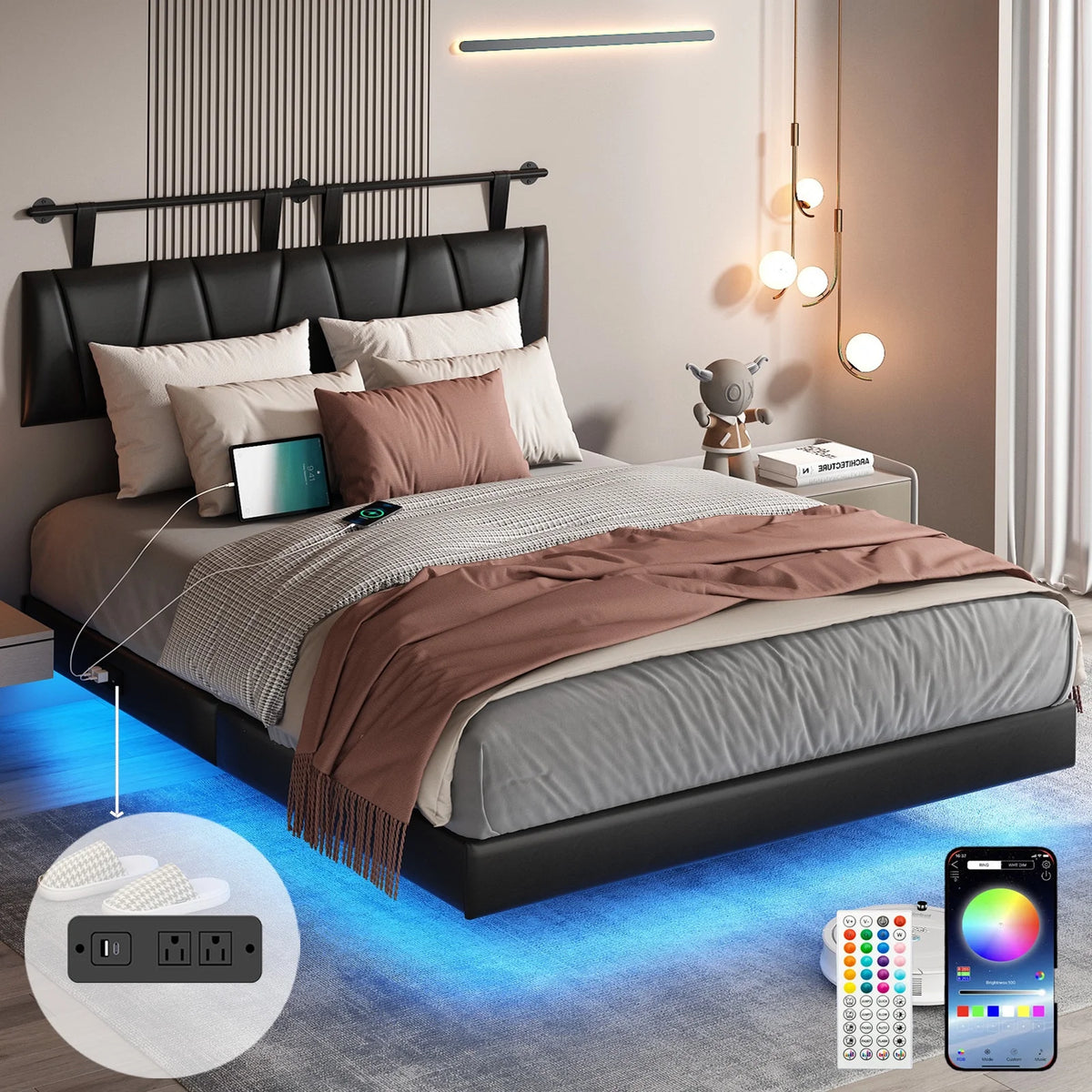 King Size Floating Upholstered Platform Bed with LED Light & Power Charging Station A5255