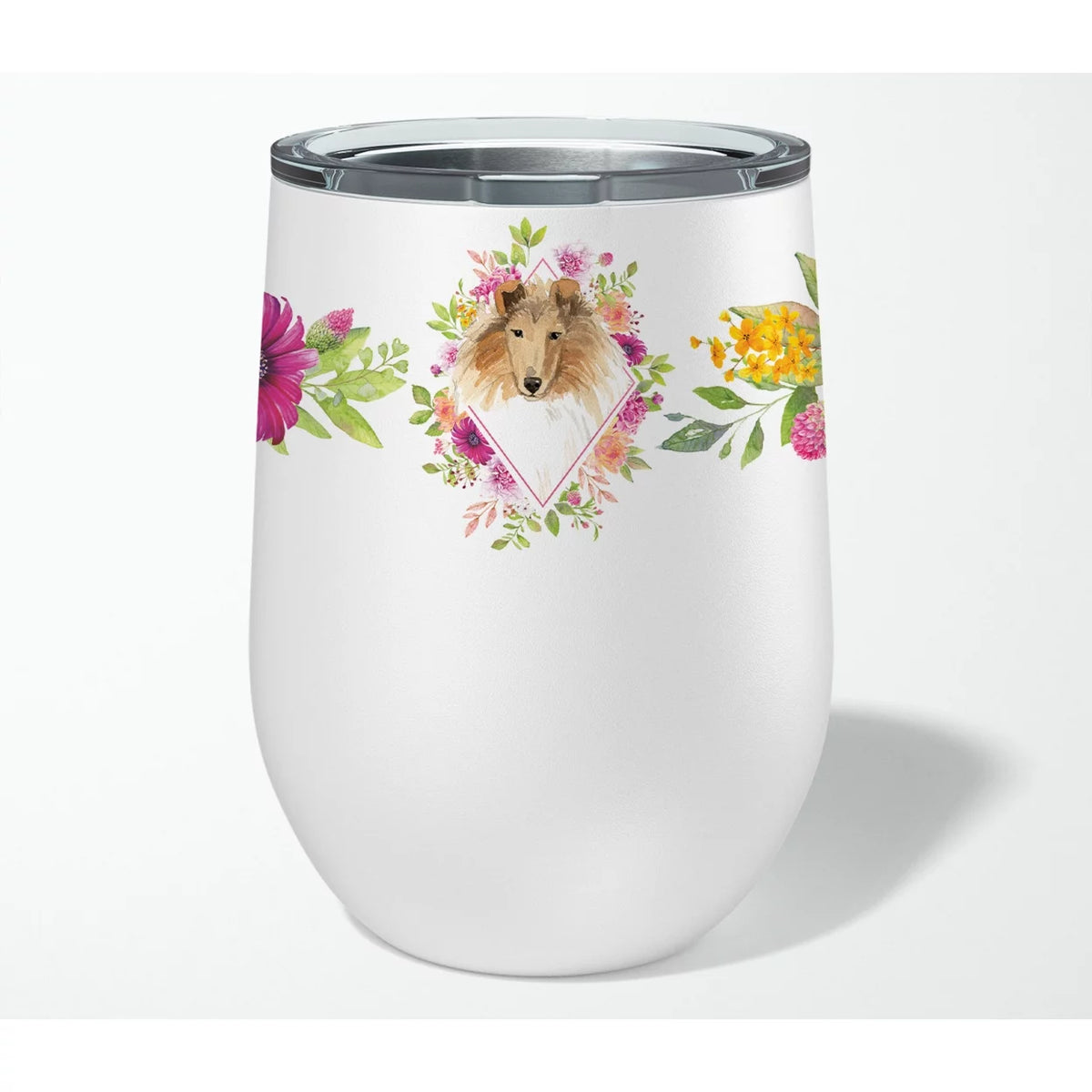 Collie Pink Flowers Stainless Steel 12 oz Stemless Wine Glass W1000