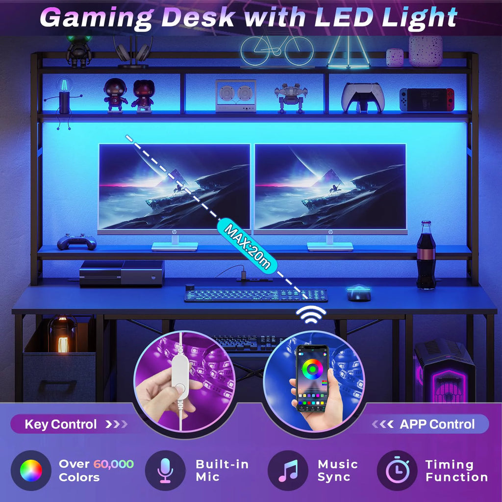 Black 55 inches Computer Gaming Desk with Bookshelf and 2 Drawers R684540