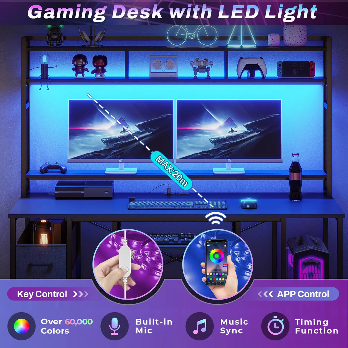 Black 55 inches Computer Gaming Desk with Bookshelf and 2 Drawers R684540
