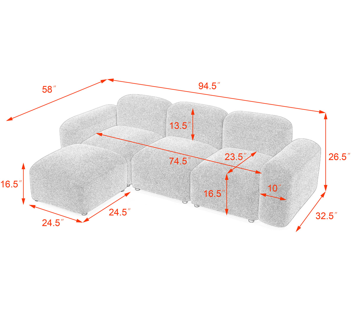 L-Shape Modular Sectional Sofa with 2 Pillows Teddy Fabric Orange M406978