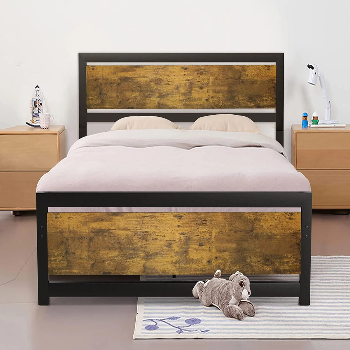 King Size Metal Bed Frame with Wood Headboard Y7218