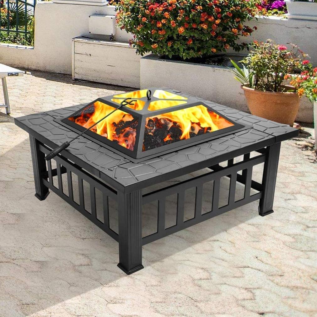 32 Metal Square Wood Burning Fire Pit with Charcoal Rack K385996