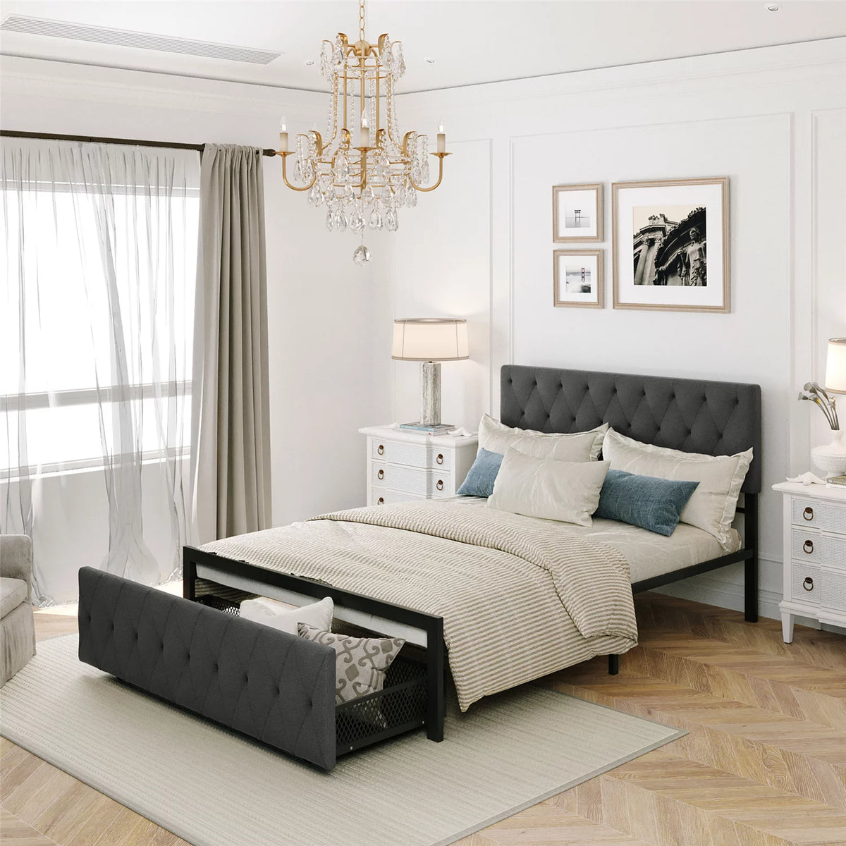 Beige Twin Size Metal Platform Bed with Linen Upholstered Headboard and Storage Drawer Q509652