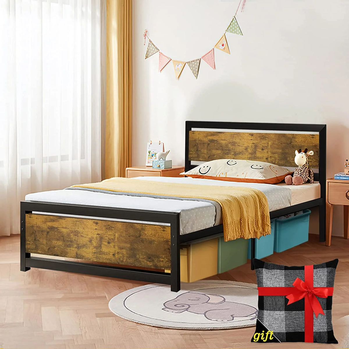 King Size Metal Bed Frame with Wood Headboard Y7218