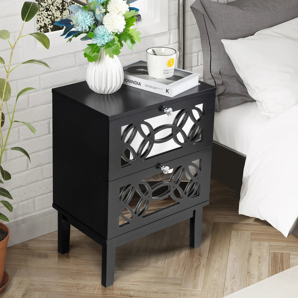 Black Modern Bedside Table with Storage Drawers and Smoked Mirror R690