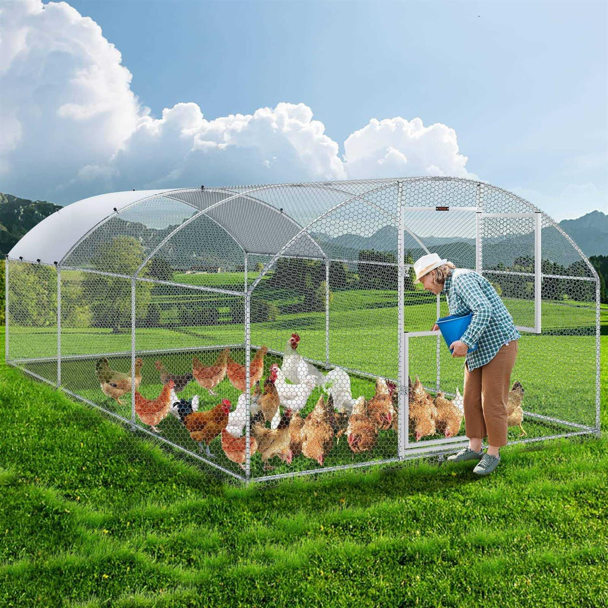 Large Metal Chicken Coop with Run and Waterproof Cover D6471