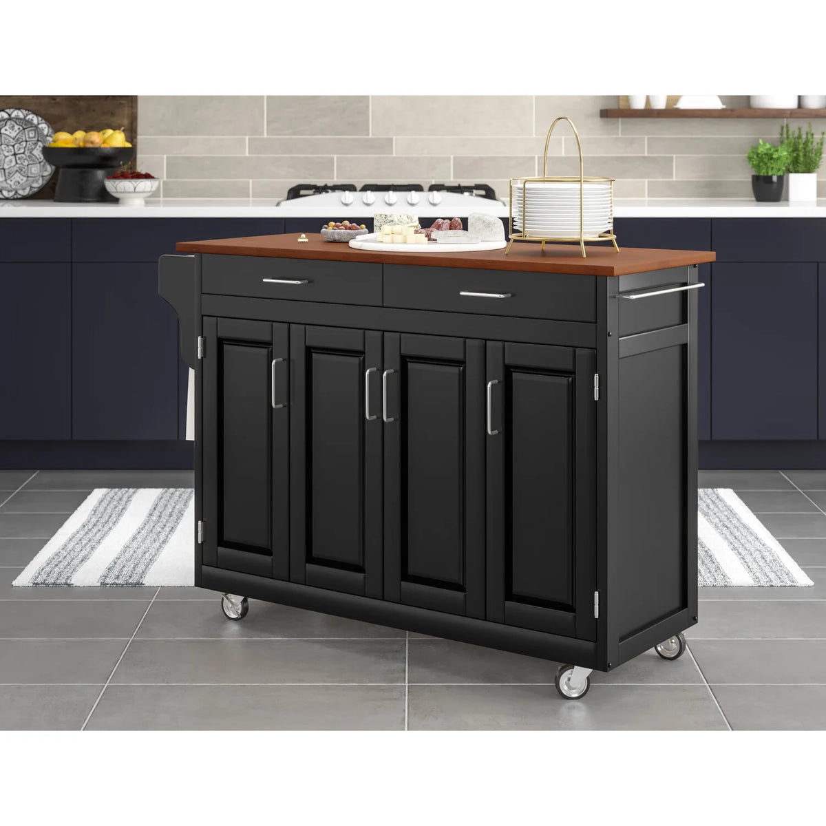 Black Solid Wood Kitchen Cart with Cherry Wood Top A10459