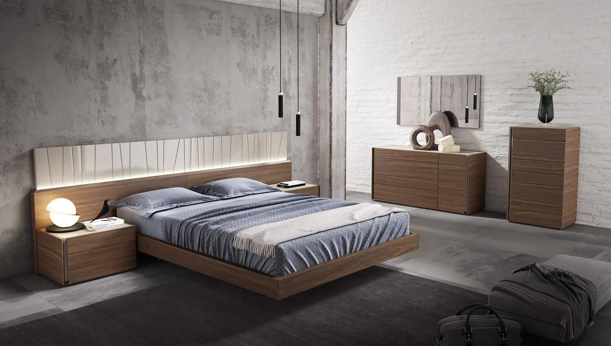 Walnut Light Grey King Size Platform Bedroom Set 5Pcs E384
