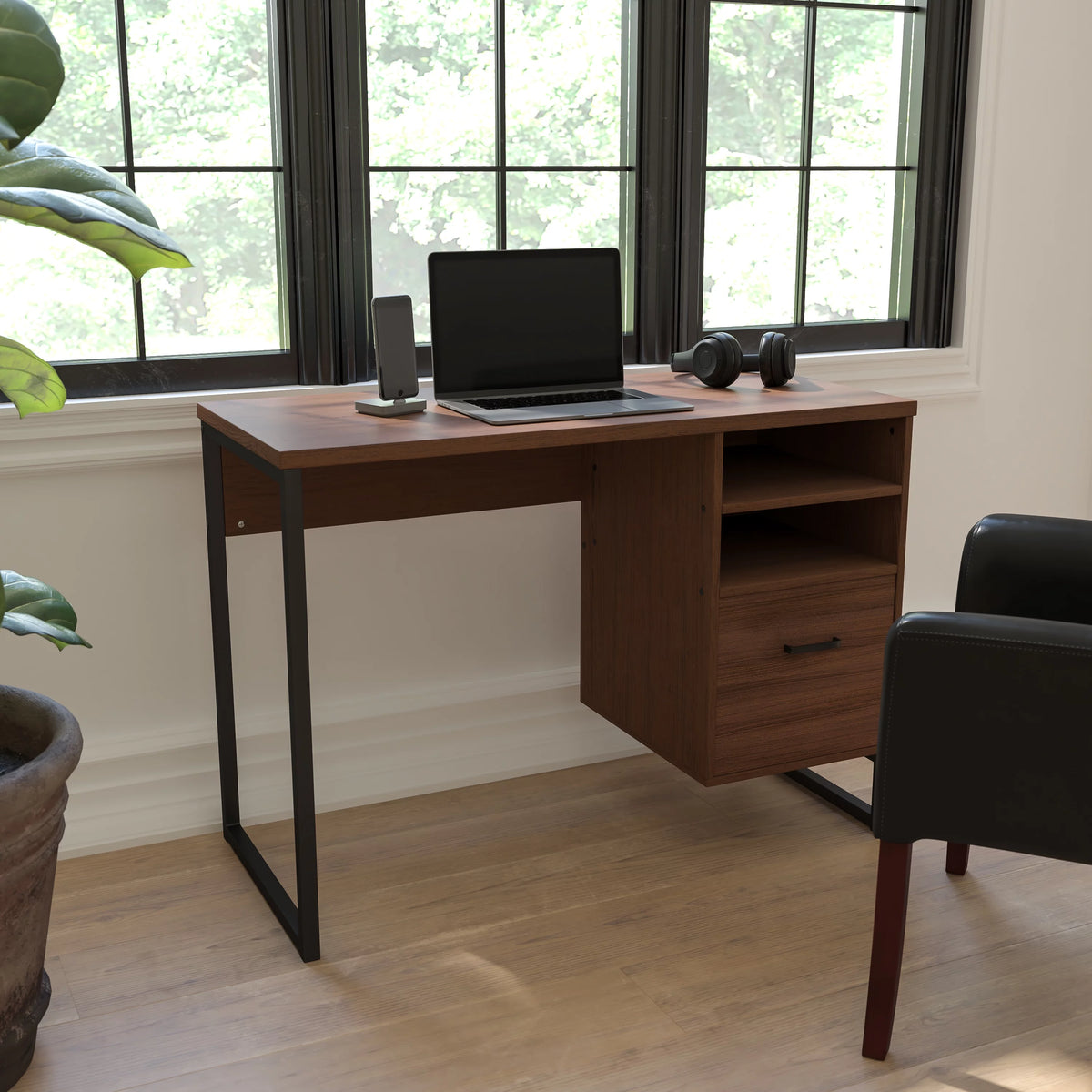 Rustic Coffee Wood Grain Computer Desk with Metal Frame R8415
