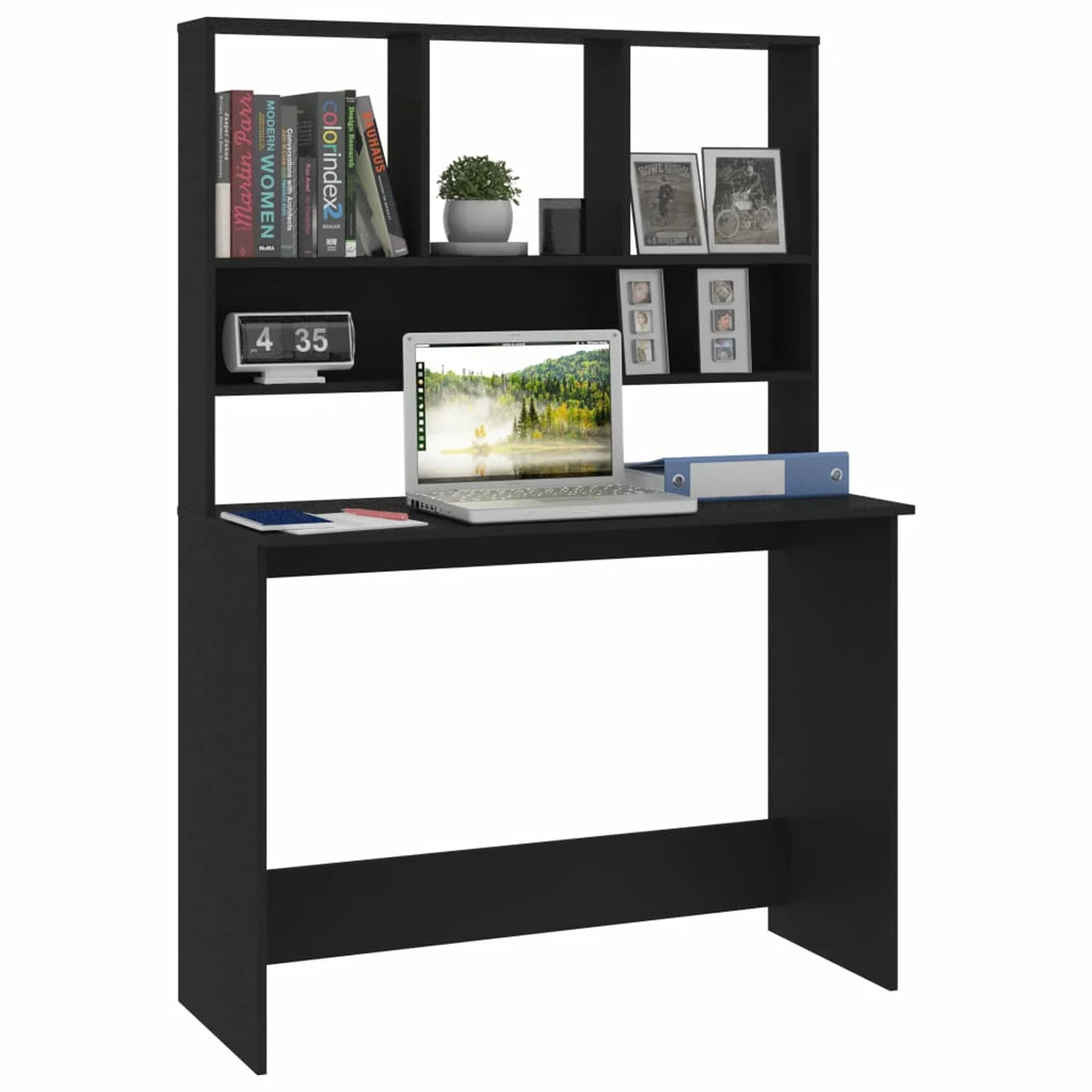 Black Engineered Wood Desk with Shelves I316