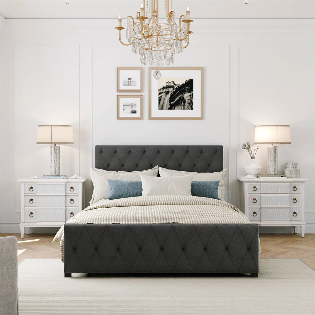 Beige Twin Size Metal Platform Bed with Linen Upholstered Headboard and Storage Drawer Q509652