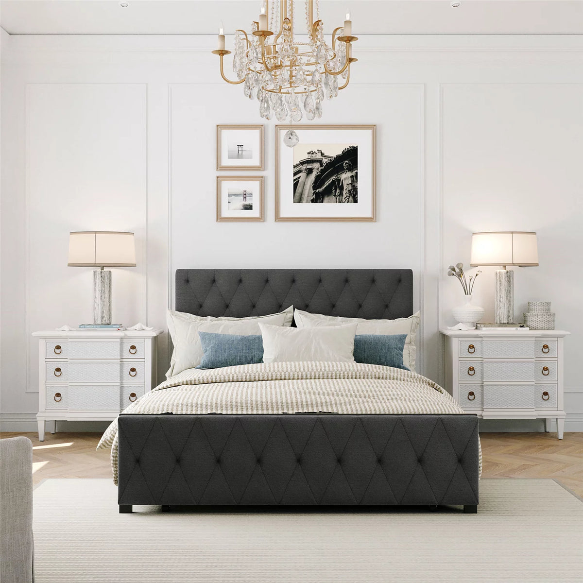 Beige Twin Size Metal Platform Bed with Linen Upholstered Headboard and Storage Drawer Q509652