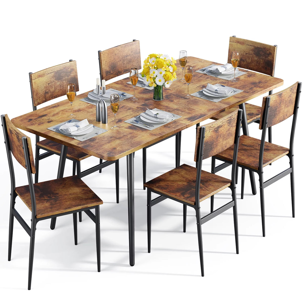 Extendable Kitchen Table Set for 4-6 People, 7-Piece Dining Table Set With 6 Chairs R26002