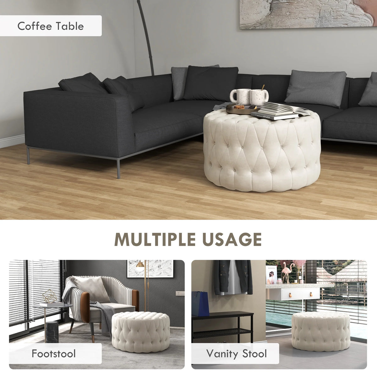 Beige Velvet-Feel Tufted Ottoman N171726