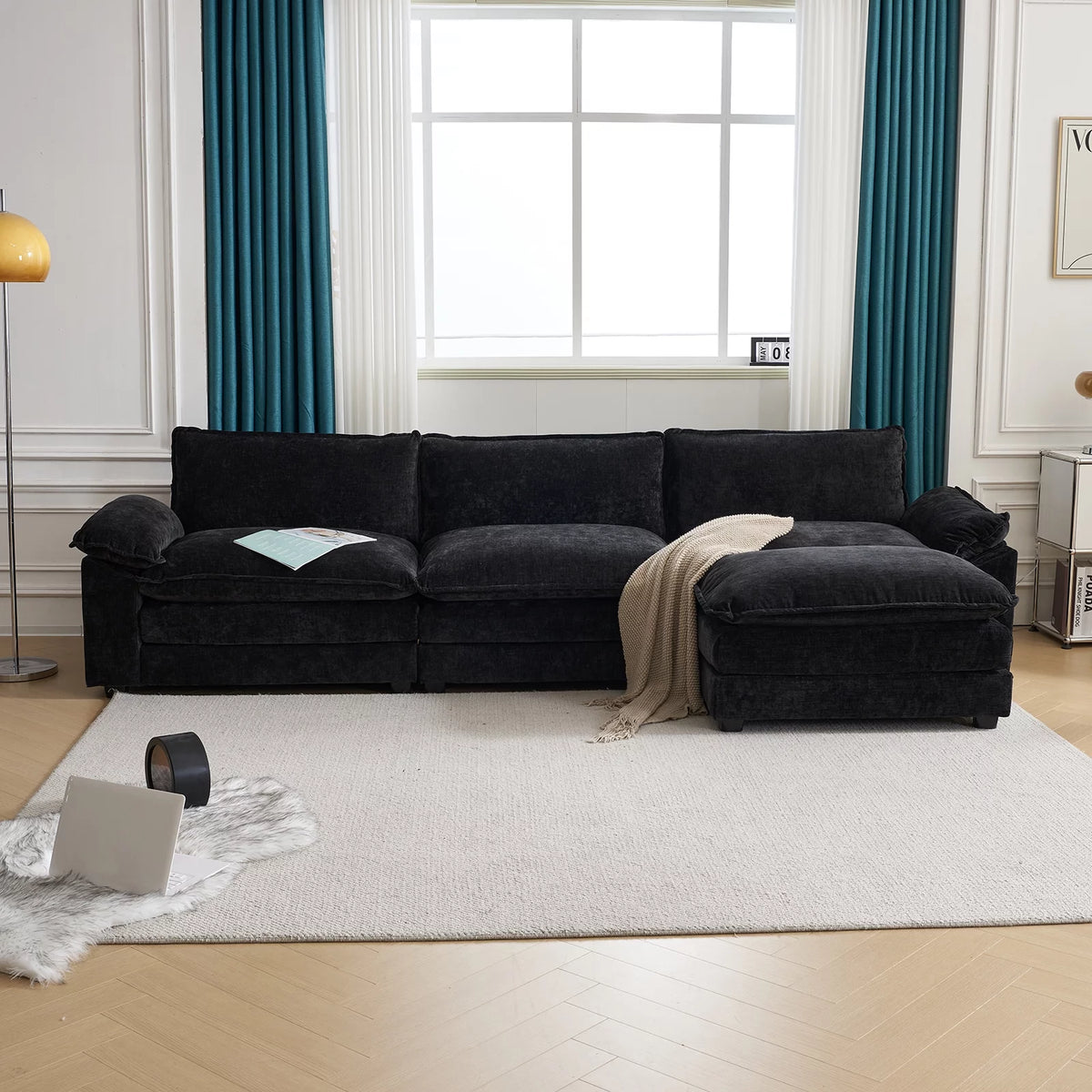 Dark Grey L Shaped Chenille Sectional Sofa with Ottoman A54691