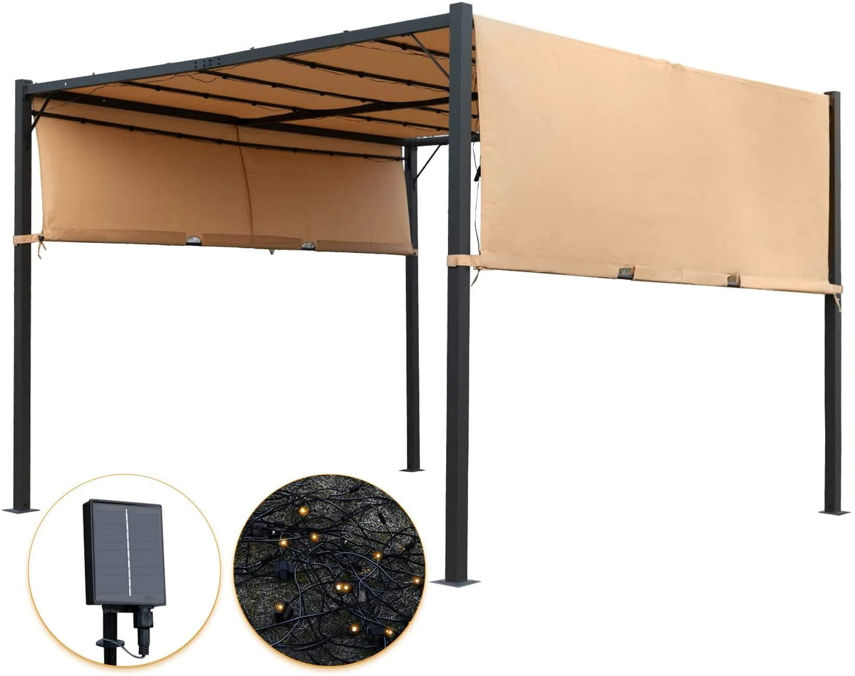 10x10 Retractable Steel Frame Pergola with Solar Powered Led Kit (Tan) C43773