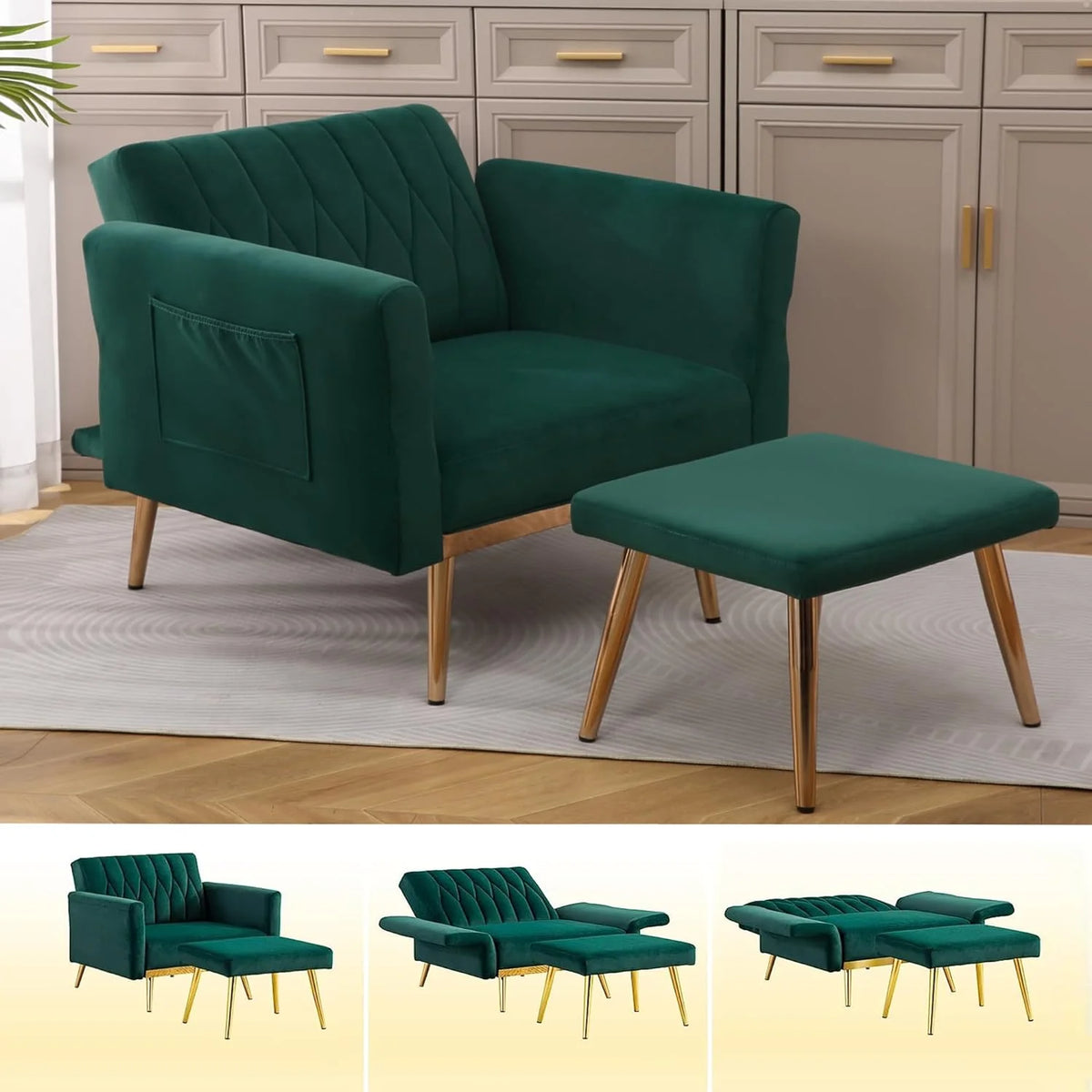 Dark Green Velvet 2 in 1 Accent Chair with Ottoman B169840