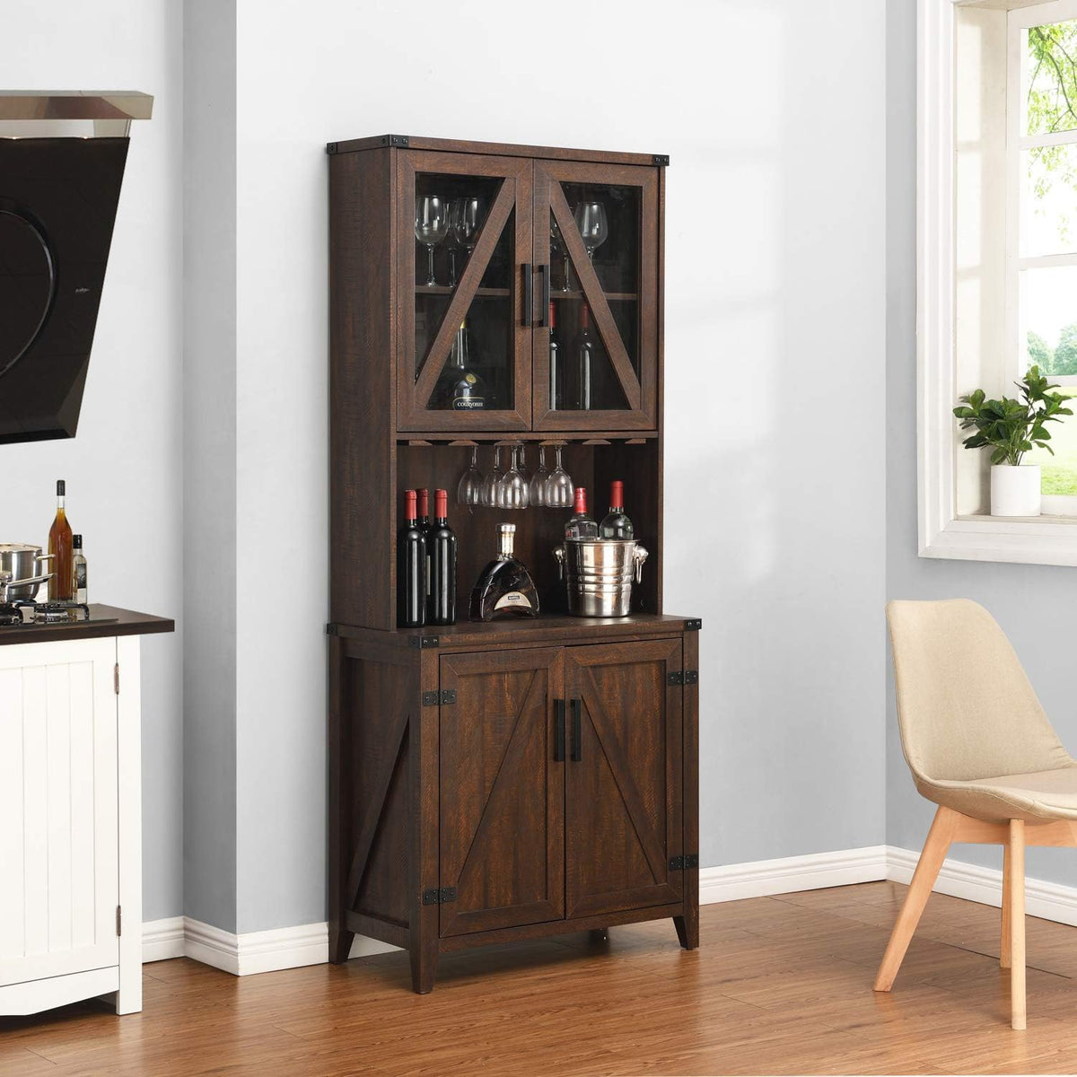 Grey Wash Bar Cabinet with Glass Cabinet I3623