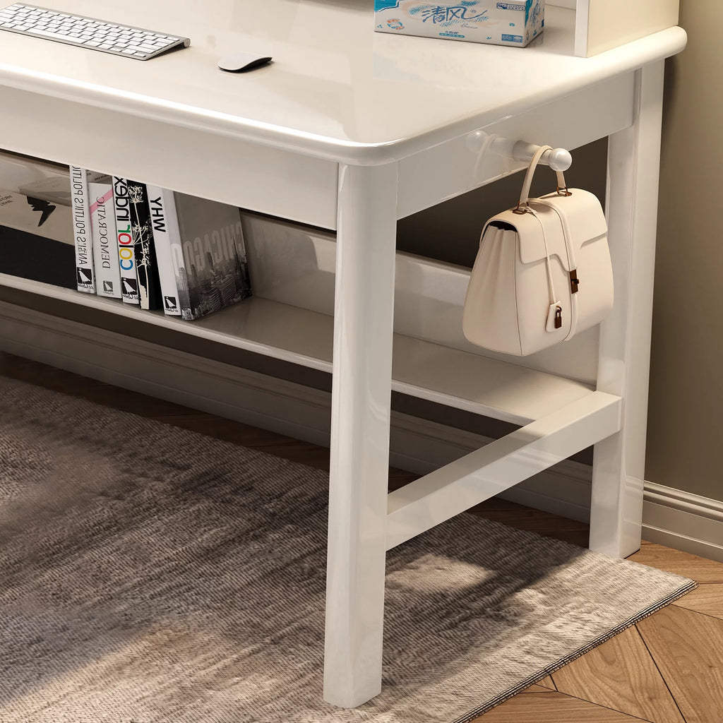 White Wooden Kids Desk and Chair Set with Hutch J4177