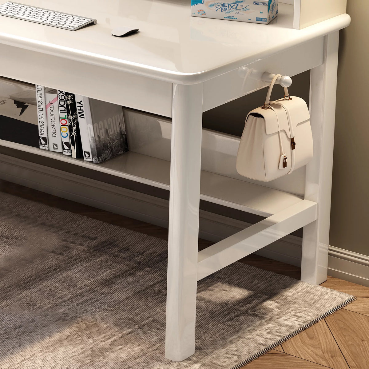 White Wooden Kids Desk and Chair Set with Hutch J4177
