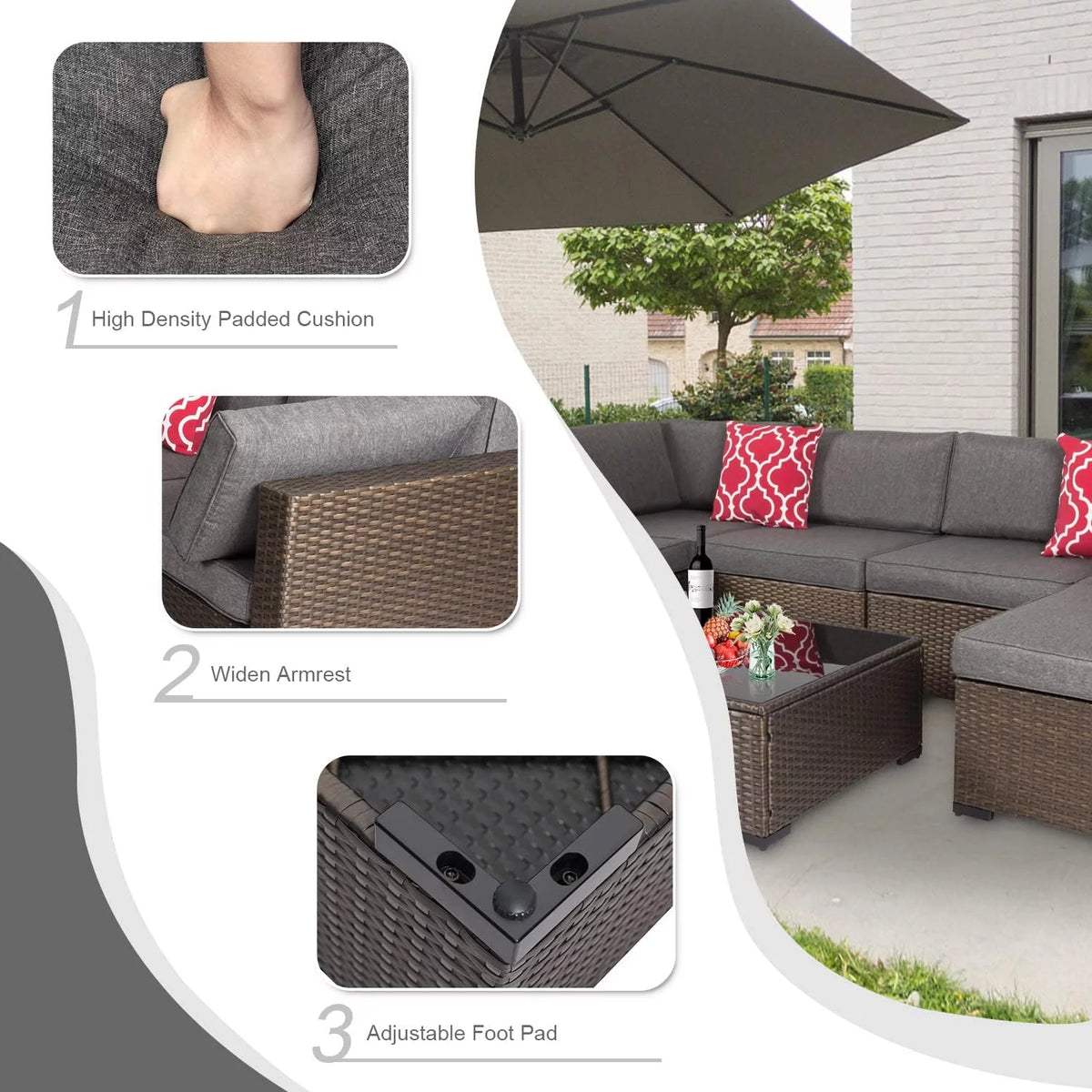 7 Pcs Wicker Patio Furniture Set with Gray Cushions D95130