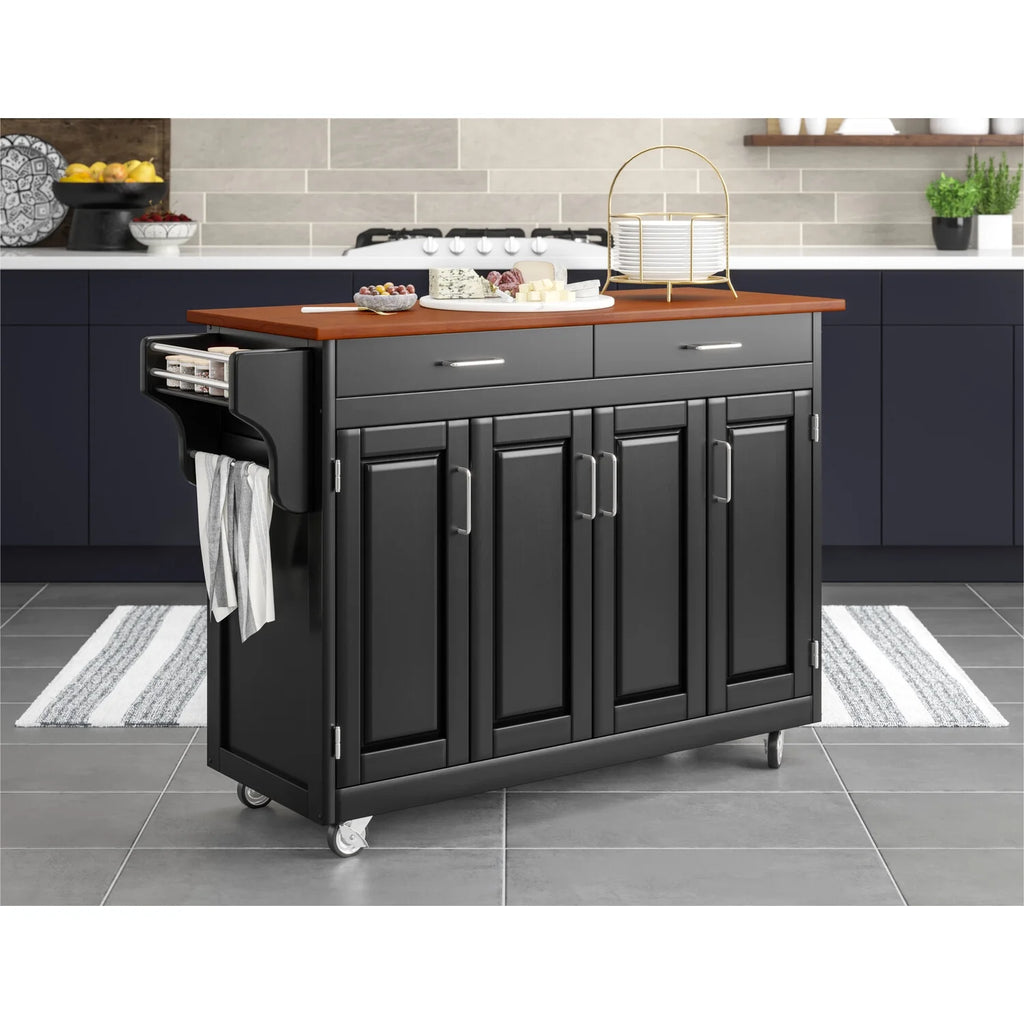 Black Solid Wood Kitchen Cart with Cherry Wood Top A10459