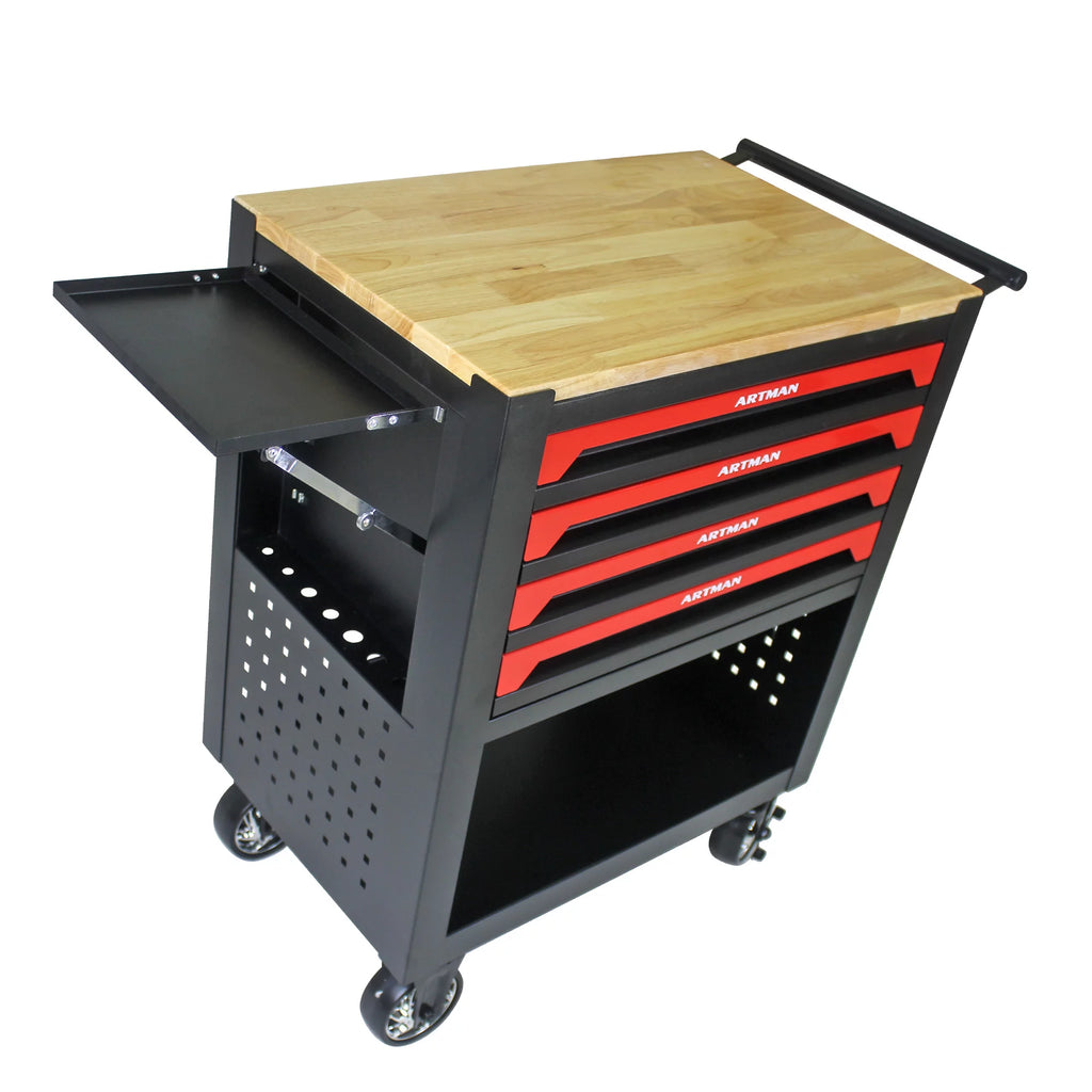 4-Tier Rolling Tool Cart with Cabinet and Wooden Top T3880