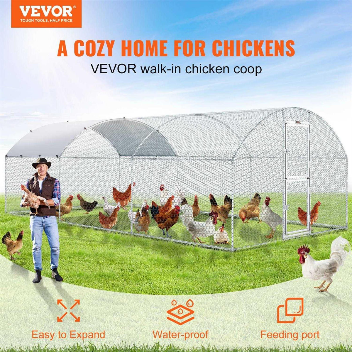 Large Metal Chicken Coop with Run and Waterproof Cover D6471