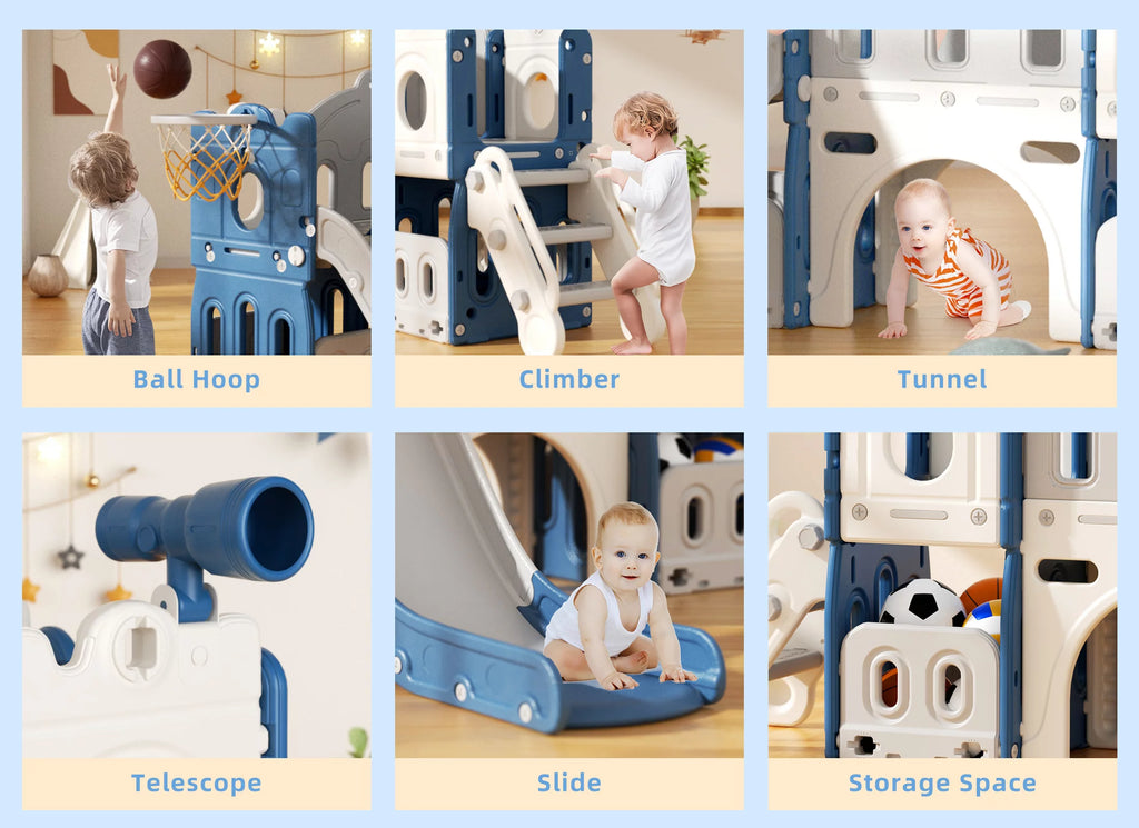 8 in 1 Toddler Slide with Climber, Basketball Hoop, Tunnel and Storage Space D100120
