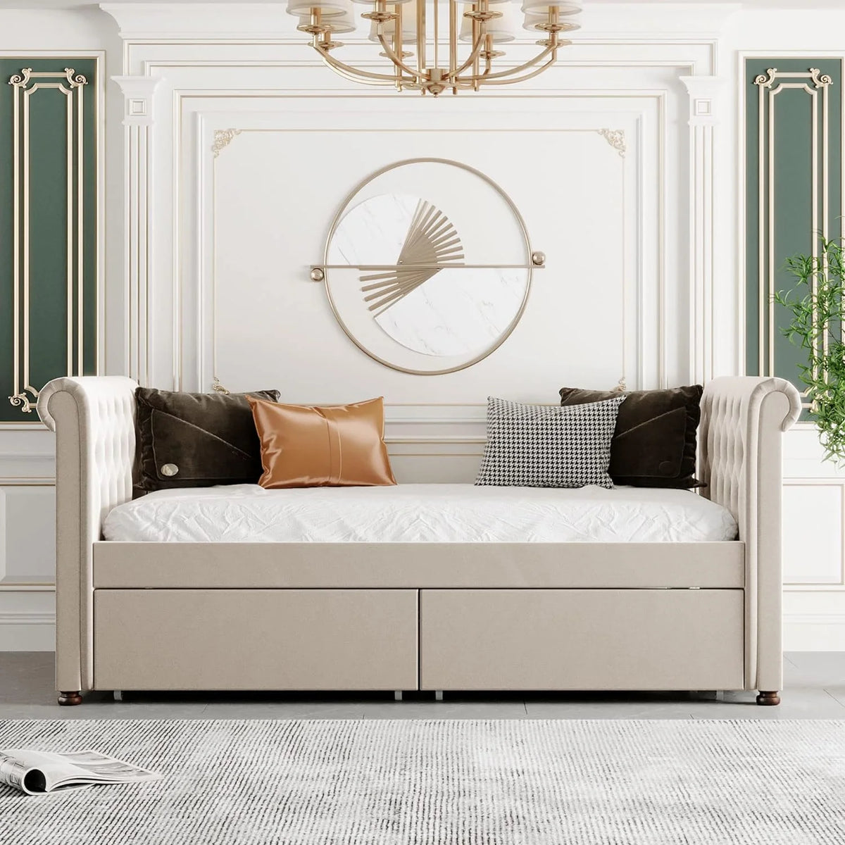 Beige Upholstered Daybed with Storage and 2 Drawers O18292