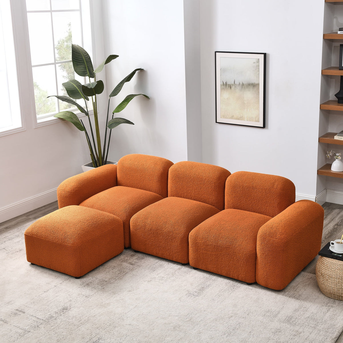 L-Shape Modular Sectional Sofa with 2 Pillows Teddy Fabric Orange M406978