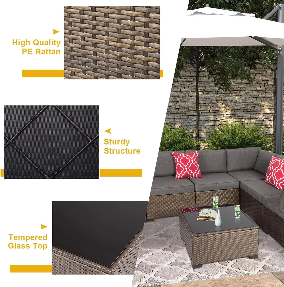 7 Pcs Wicker Patio Furniture Set with Gray Cushions D95130