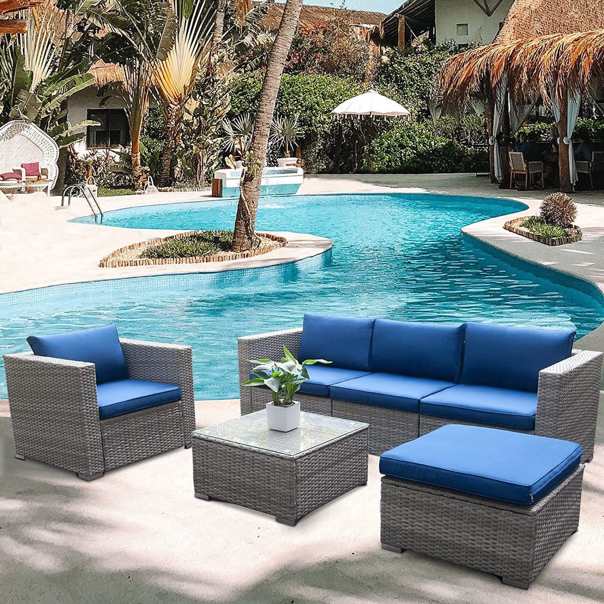 6 Pieces PE Rattan Wicker Outdoor Sofa Conversation Set with Cushions S1122
