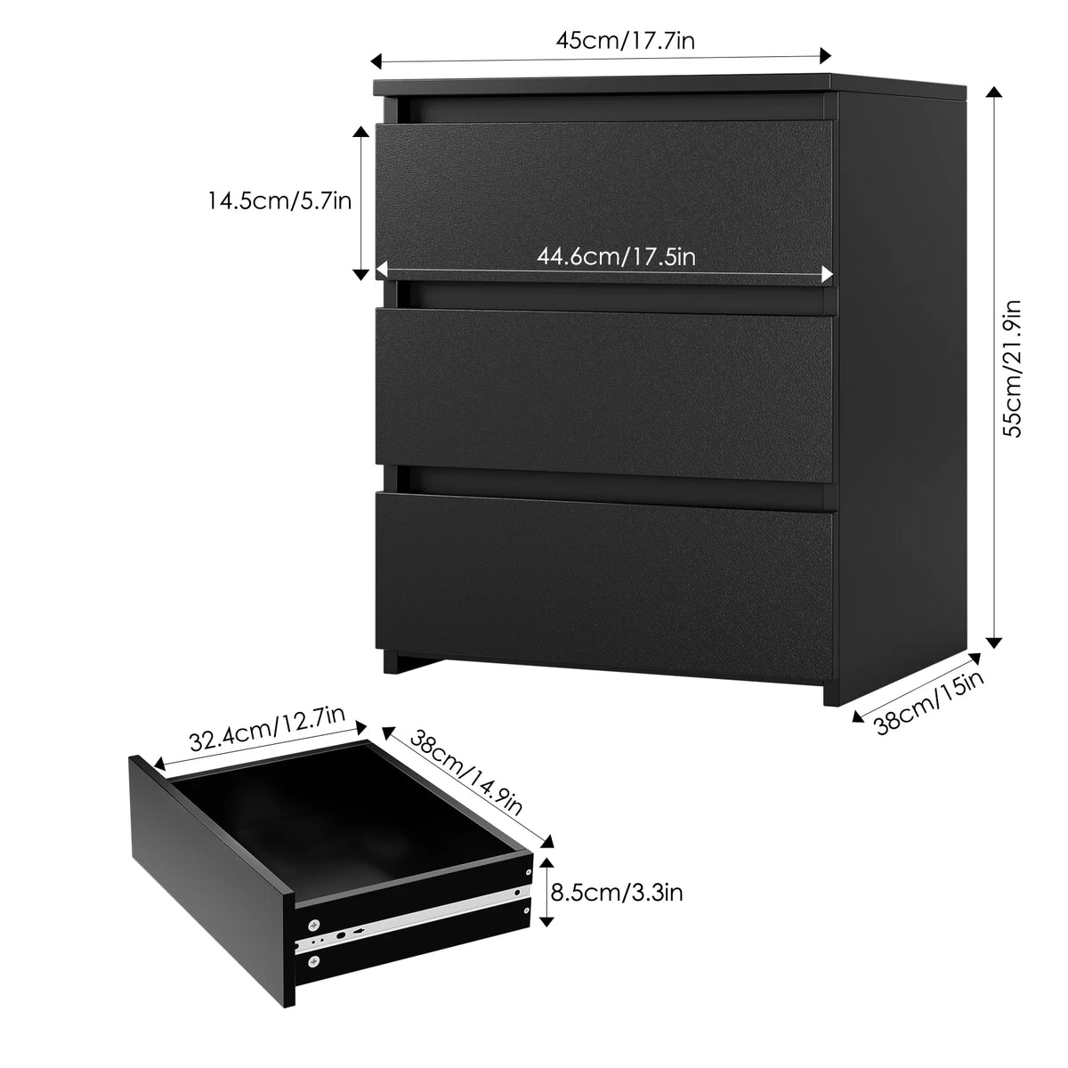 Black 3 Drawer Nightstand Set of 2 G708
