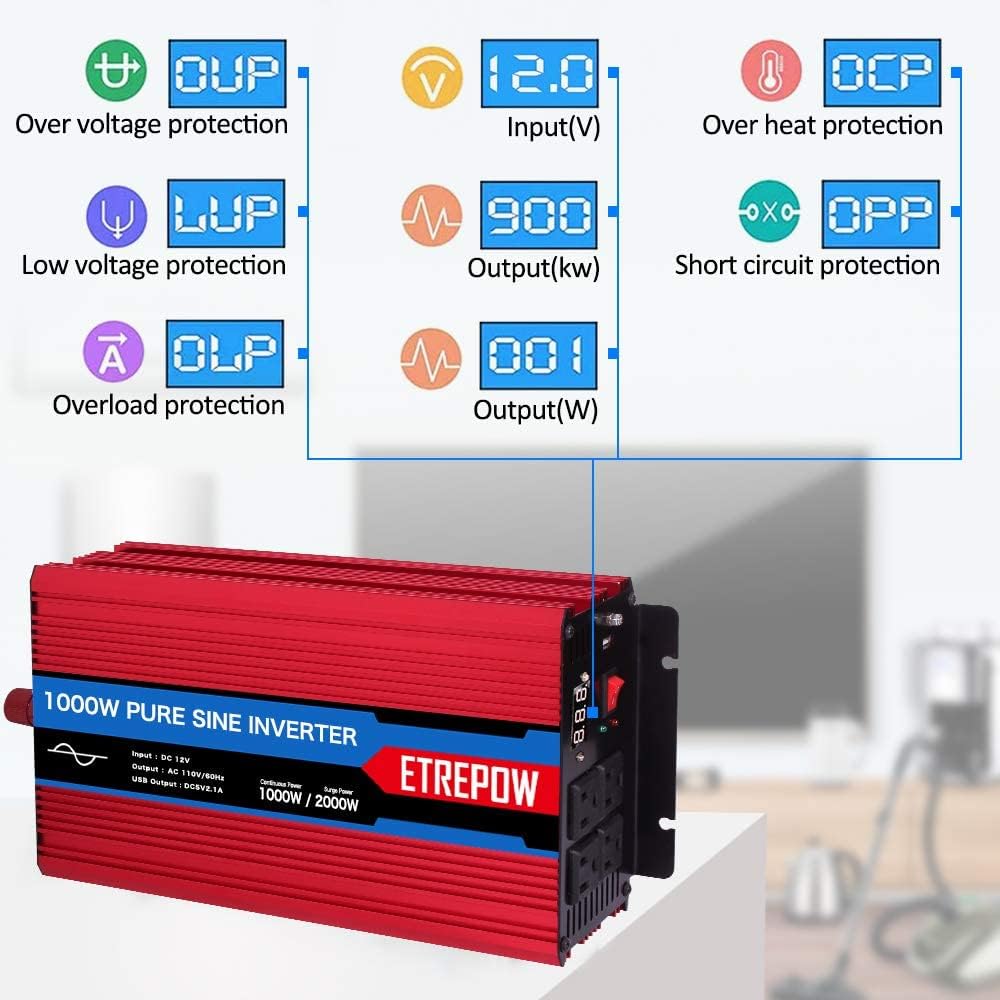 1000 Watt Pure Sine Wave Power Inverter 12V DC to 110V AC U749