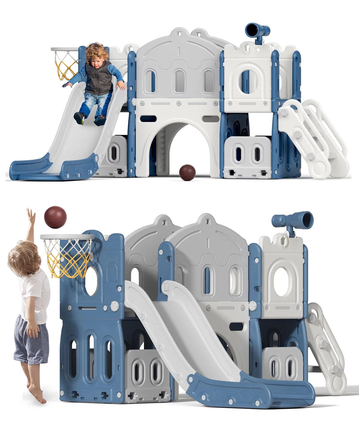 8 in 1 Toddler Slide with Climber, Basketball Hoop, Tunnel and Storage Space D100120