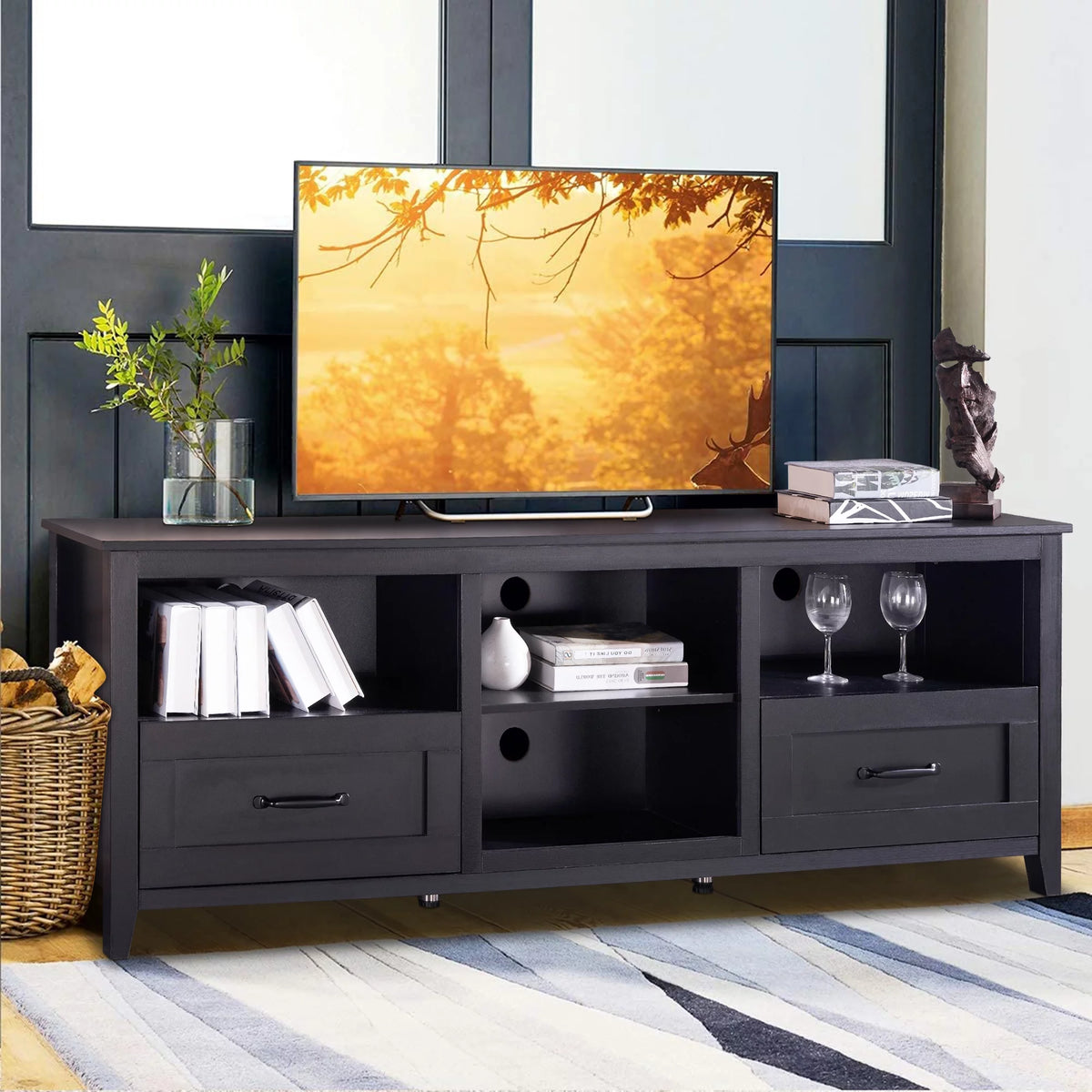Black Wood TV Stand with 2 Drawers X84766
