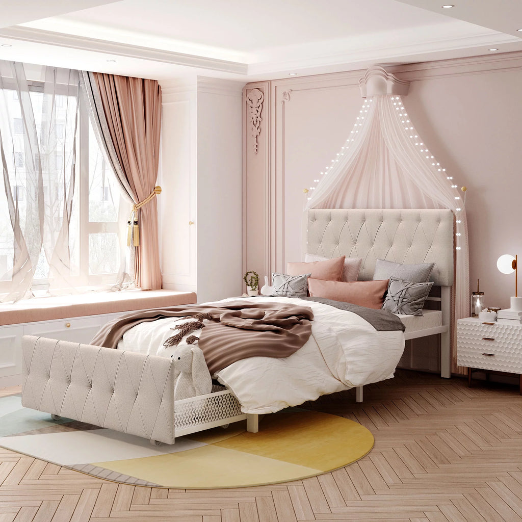 Beige Twin Size Metal Platform Bed with Linen Upholstered Headboard and Storage Drawer Q509652