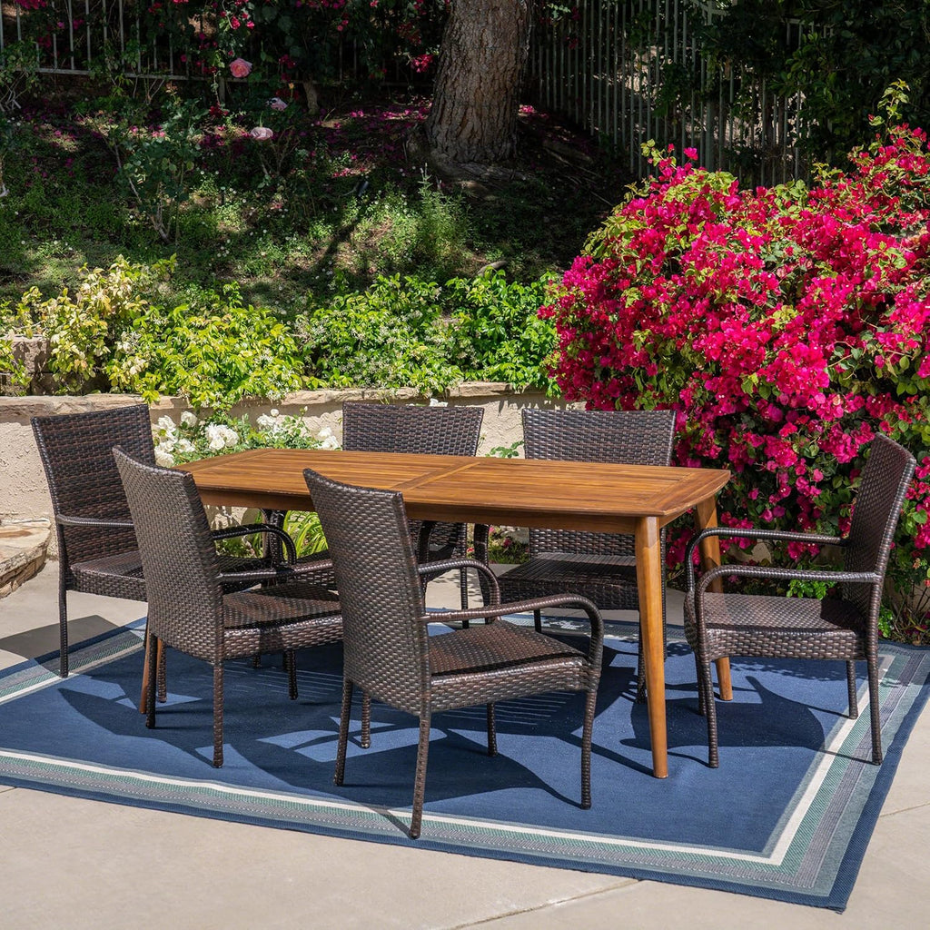 7 Piece Multibrown Wicker and Acacia Wood Dining Set W689319