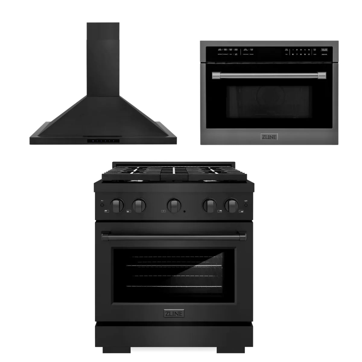 30 In. Gas Range, Microwave Oven, Range Hood in Black Stainless Steel O2093