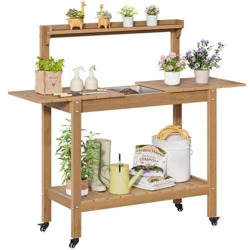 Outdoor Potting Bench with Sliding Tabletop, 4 Wheels, Removable Sink Q3013
