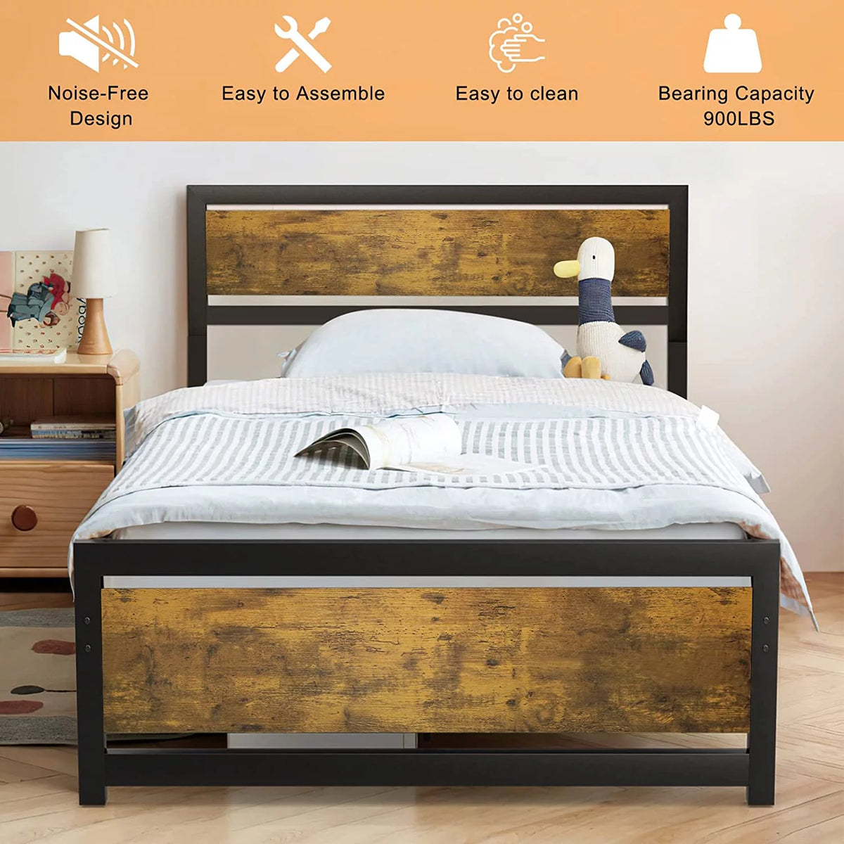 King Size Metal Bed Frame with Wood Headboard Y7218
